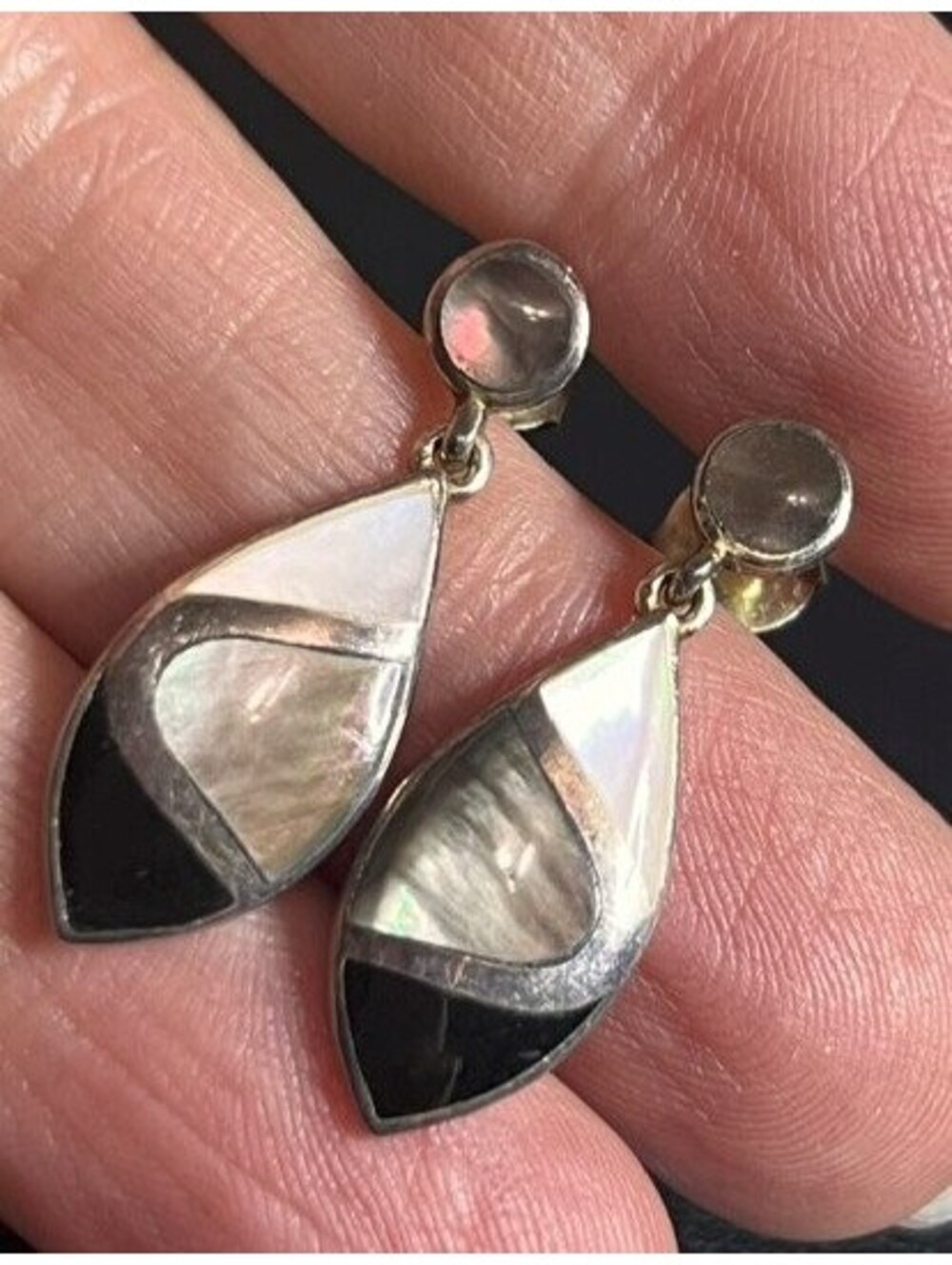 B6993 VTG Sterling Silver Inlay Dangle Earrings Mother of Pearl Onyx 1.25"
